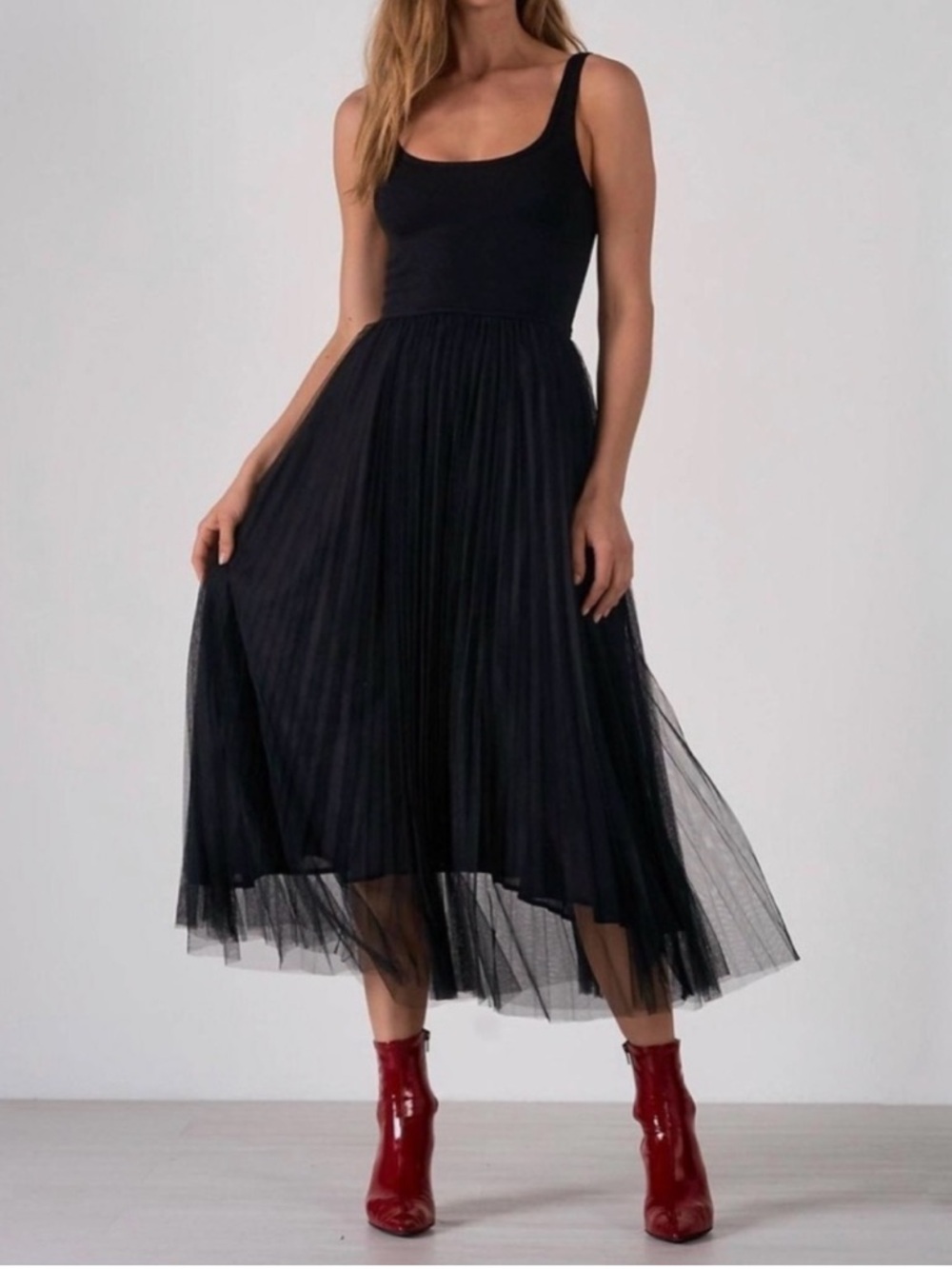 Elan Black Tulle Midi Dress Fit & Flare Balletcore Sleeveless L